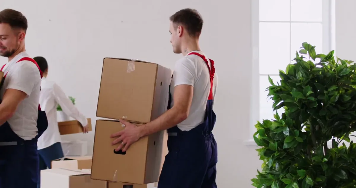 Umzugskosten Schweiz: Zwei Umzugshelfer tragen Umzugskartons in eine helle Wohnung